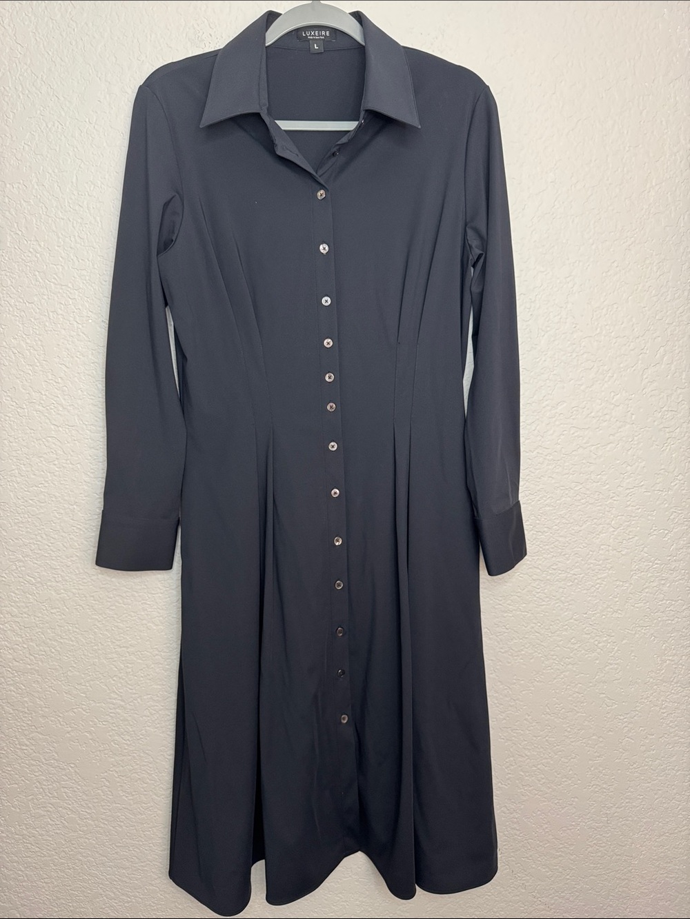NEW Luxeire Long Sleeve Fit-and-Flare Shirt Dress Large Wrinkle Free Performance - Picture 2 of 7